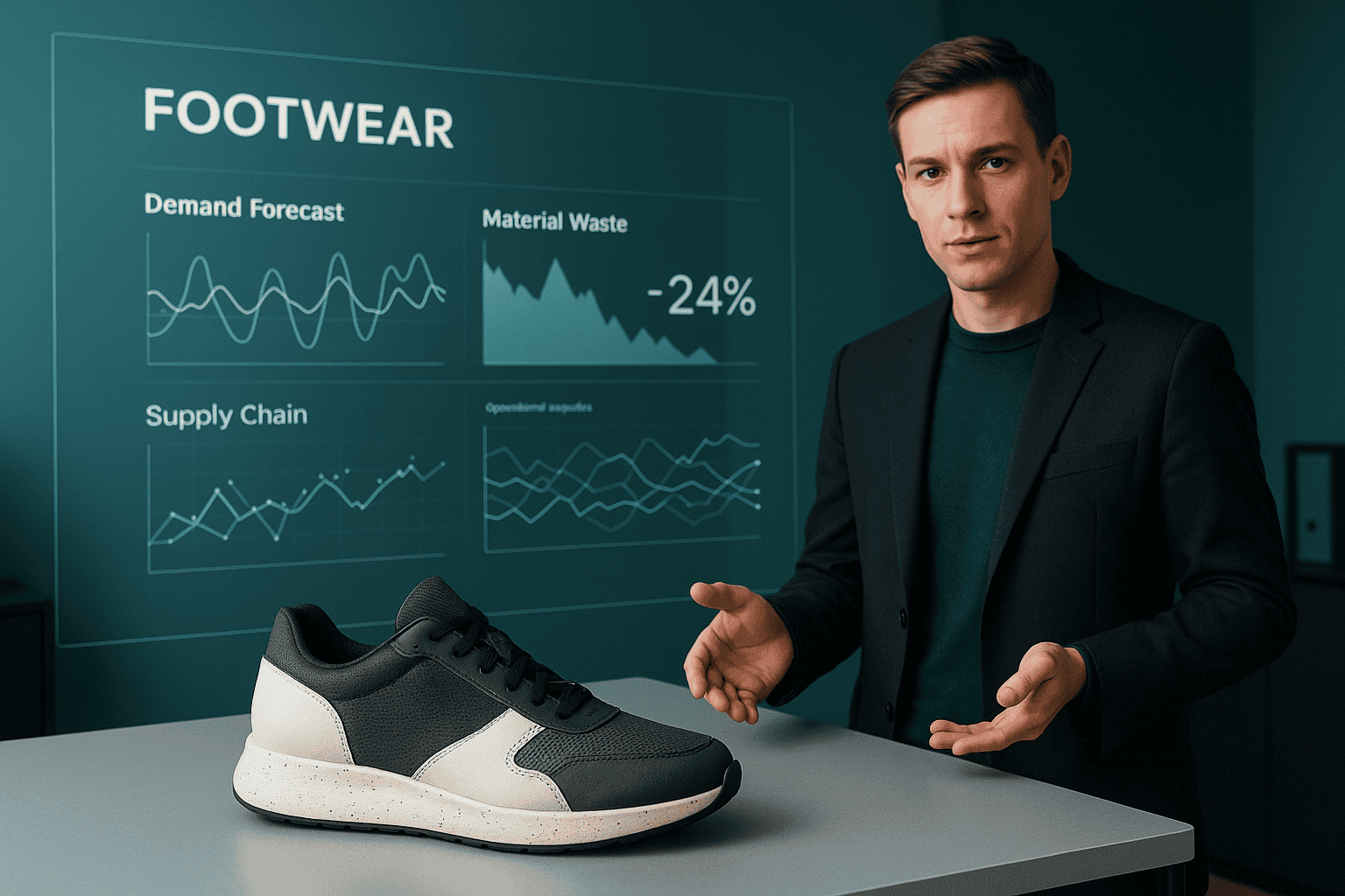 Man presenting sustainable footwear data with graphs showing demand forecasts, material waste reduction, and supply chain insights.