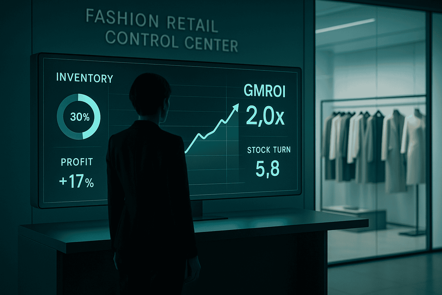 Person analyzing GMROI performance dashboard in a fashion retail control center showing inventory, profit, stock turn, and margin metrics.