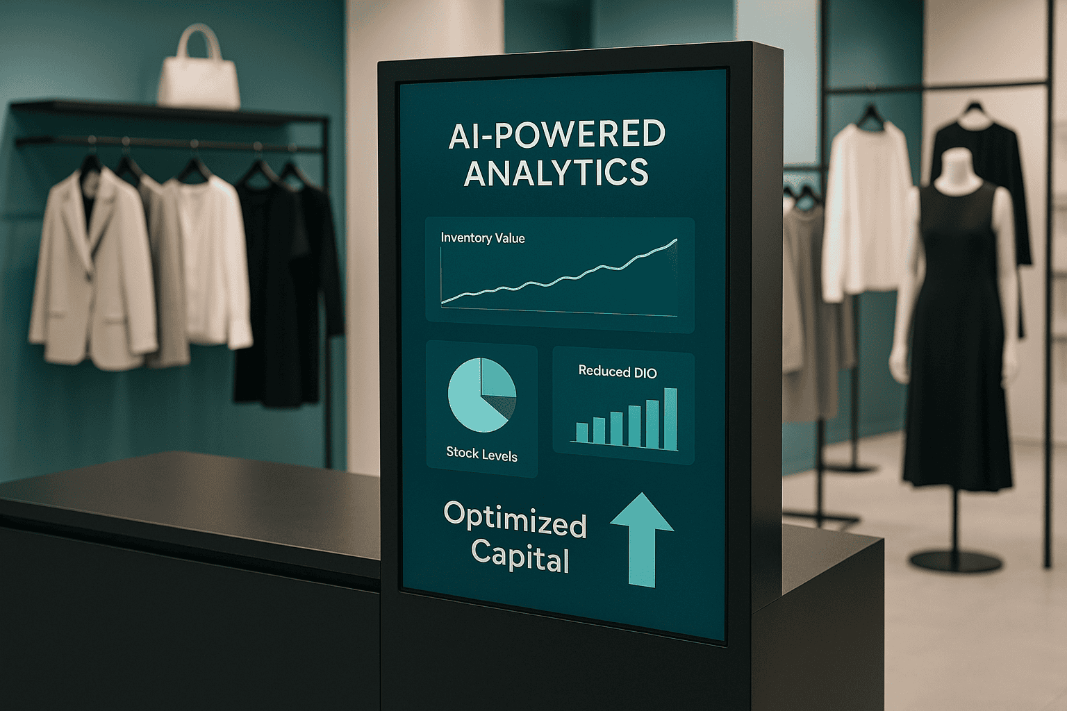AI-powered retail analytics dashboard showing inventory value, stock levels, reduced DIO and optimized capital in a fashion store environment