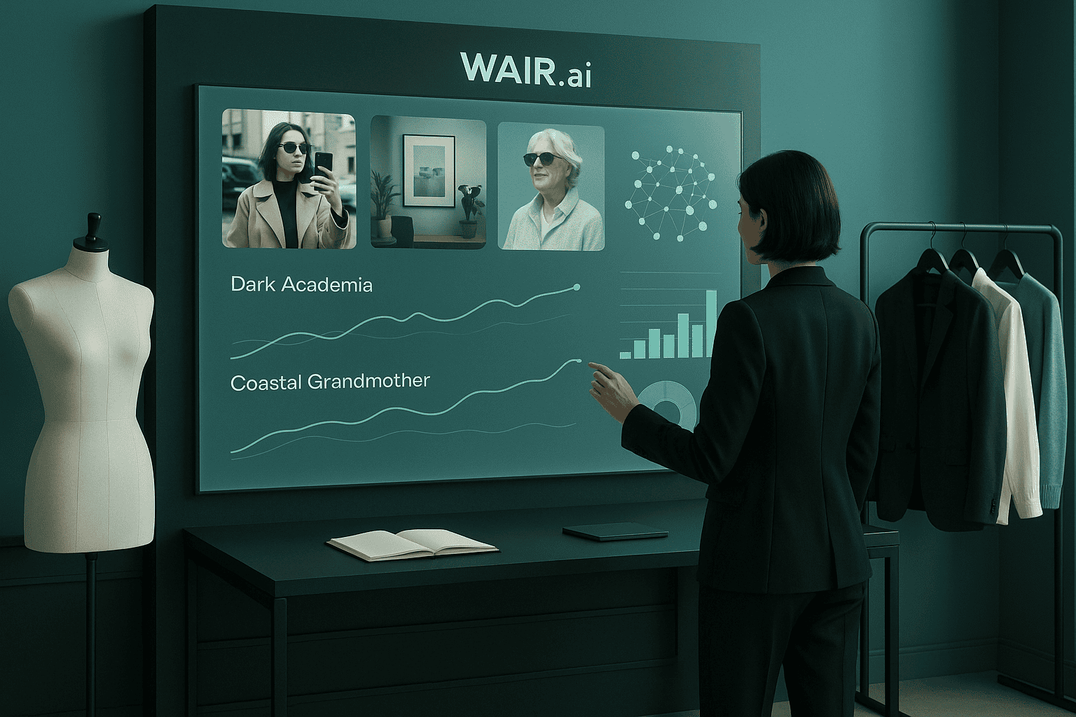 A retail analyst using a WAIR.ai agentic AI dashboard displaying emerging fashion tribes such as Dark Academia and Coastal Grandmother with trend graphs and visual analytics.