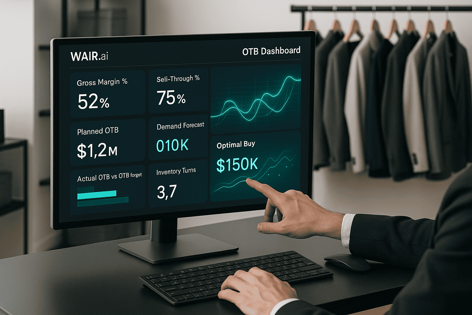 Business professional using an AI-powered open to buy dashboard with metrics for gross margin, sell-through, demand forecast, and optimal buy amounts.