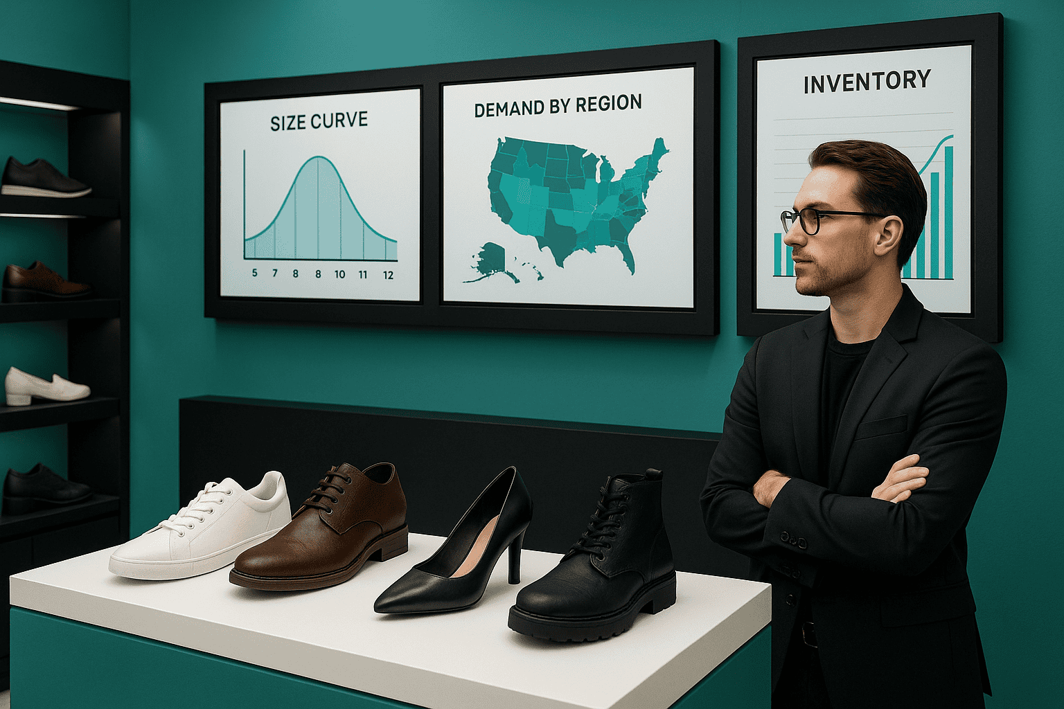 A footwear retail expert standing beside various shoe styles with digital screens displaying size curve analytics, regional demand maps, and inventory insights, illustrating agentic AI size curve optimization.