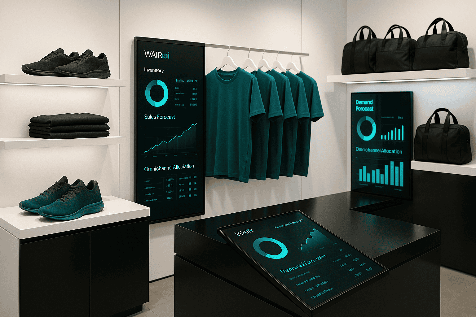 AI dashboard displaying agentic AI in omnichannel sportswear inventory optimization with demand forecast and sales analytics inside a modern retail store.