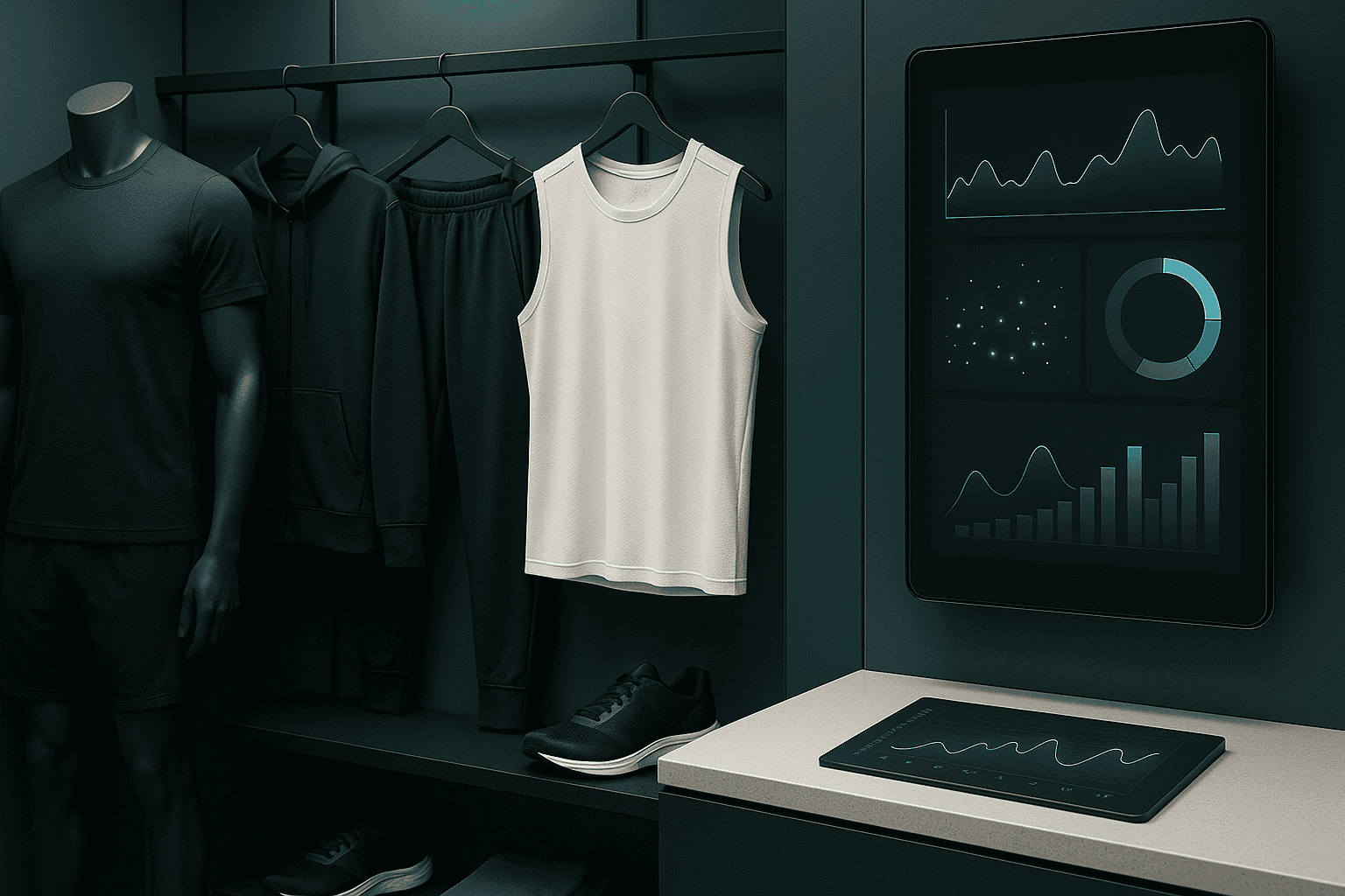 AI dashboard analyzing sportswear inventory and profitability data next to athletic apparel display, illustrating agentic AI in sportswear profitability.