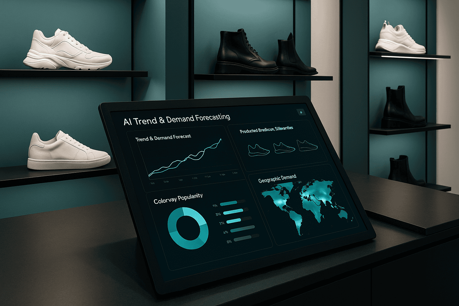 Digitale display toont AI gestuurde trend en demand forecasting voor schoenen, met grafieken over kleurpopulariteit, geografische vraag en productvoorkeuren in een schoenenwinkel.